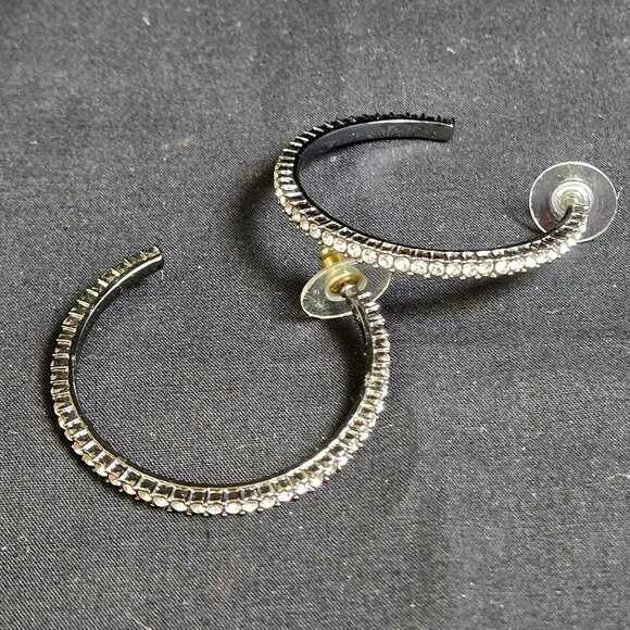 Sparkling Rhinestone Hoop Earrings Smokey Silver Tone Crystal Pave Round Hoops - Picture 3 of 6